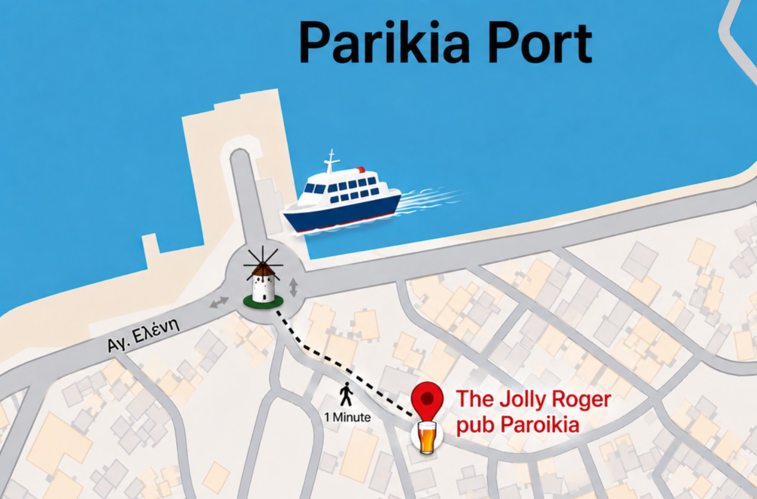 Illustrated walking map from Parikia Port to The Jolly Roger Pub